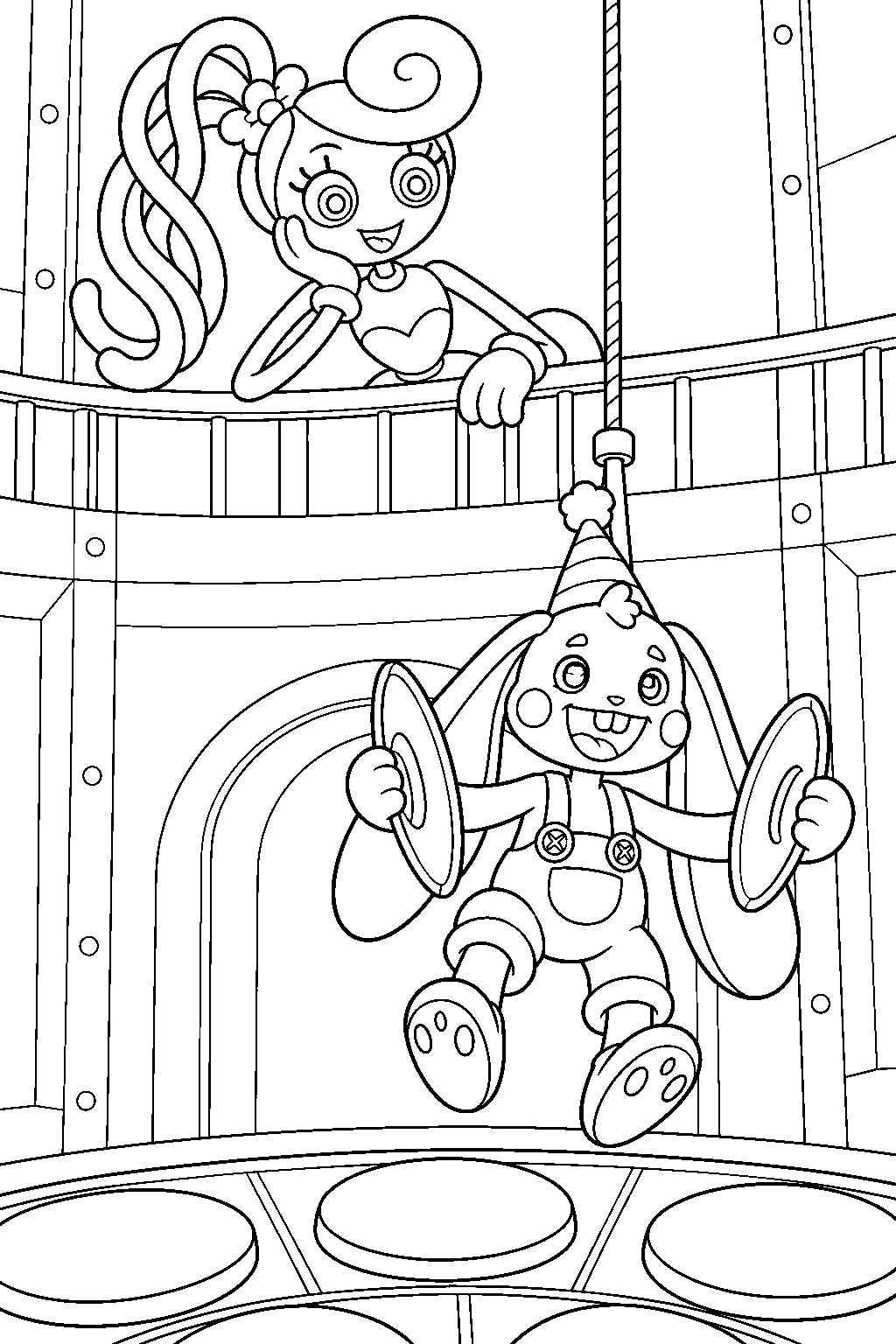 mommy long legs watching bunzo bunny descend over the musical memory platform line art