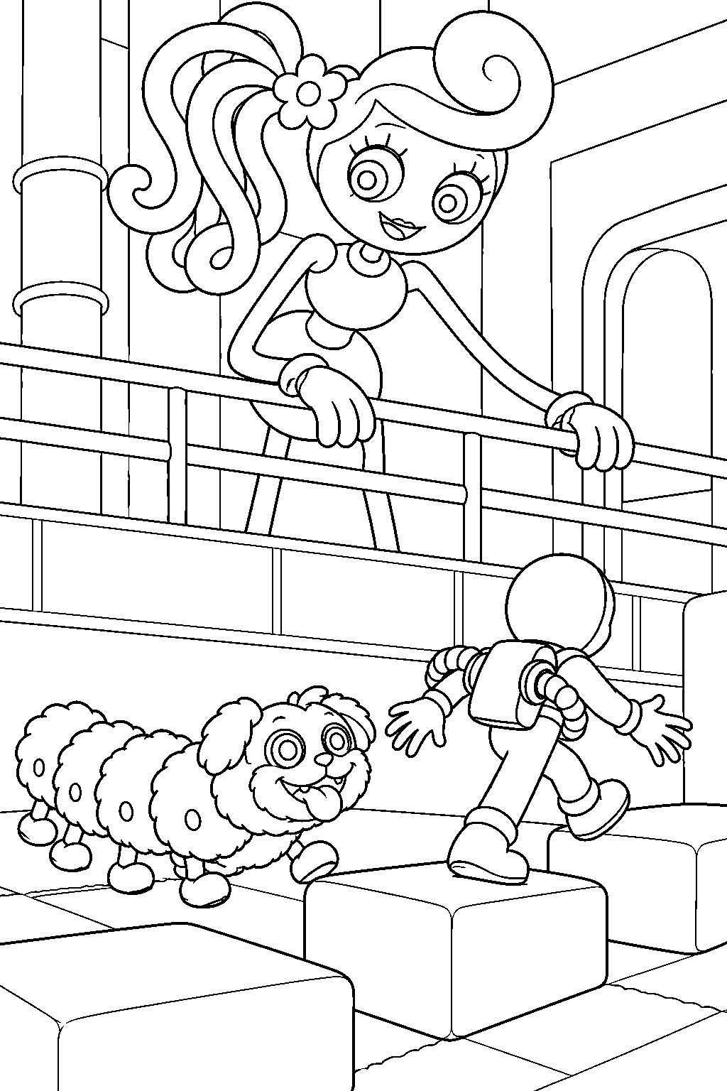 mommy long legs watching pj pug a pillar follow the player across foam obstacles line art