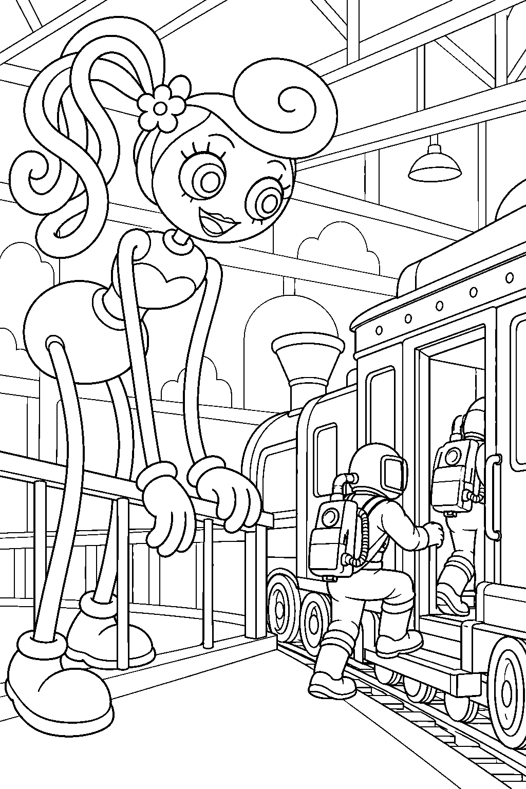 mommy long legs watching specialists board the escape train in project playtime line art