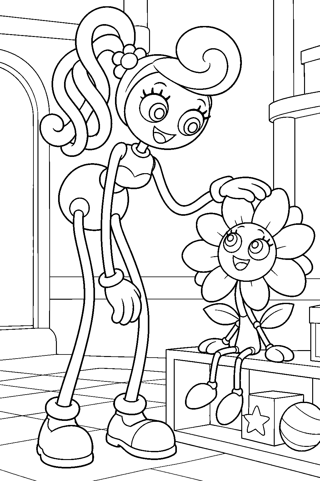 mommy long legs with daisy at the rejected toy display line art