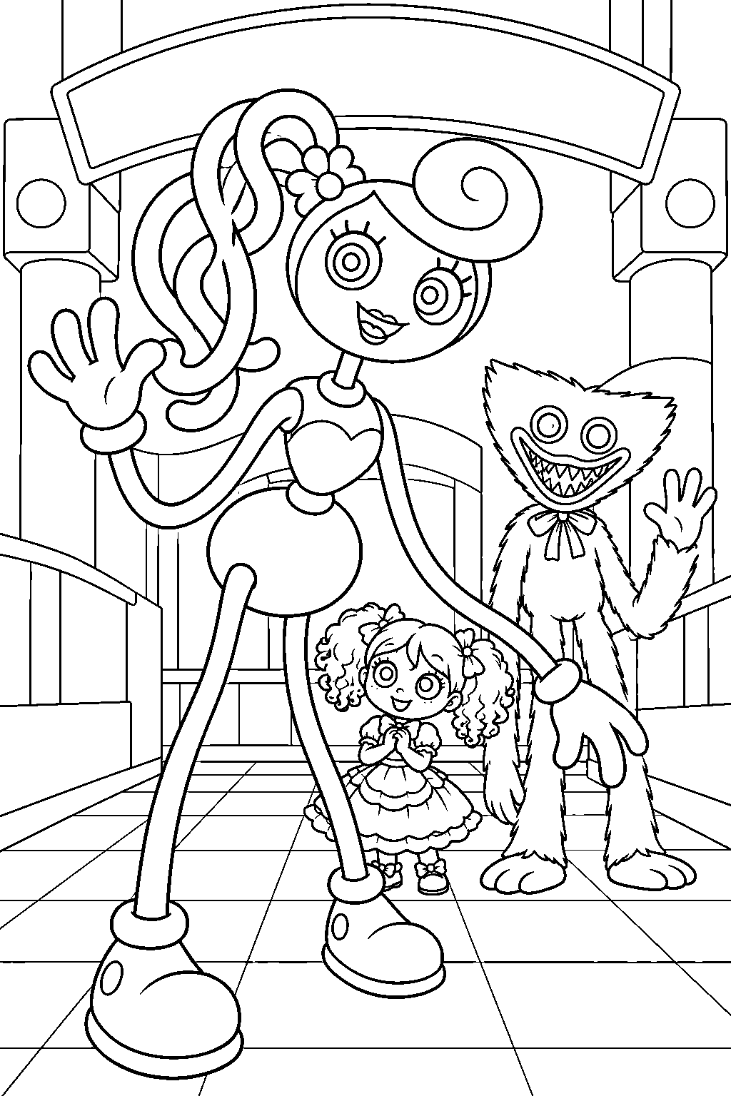 mommy long legs with poppy and huggy wuggy beneath the game station sign line art