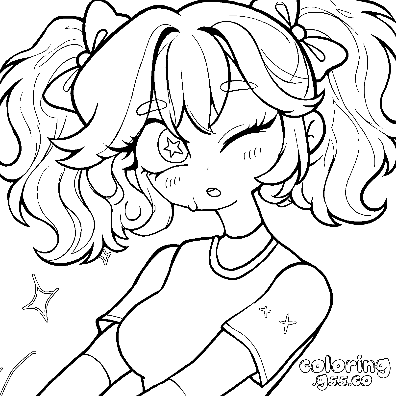 kawaii star eye wink pigtails poppy line art for kids