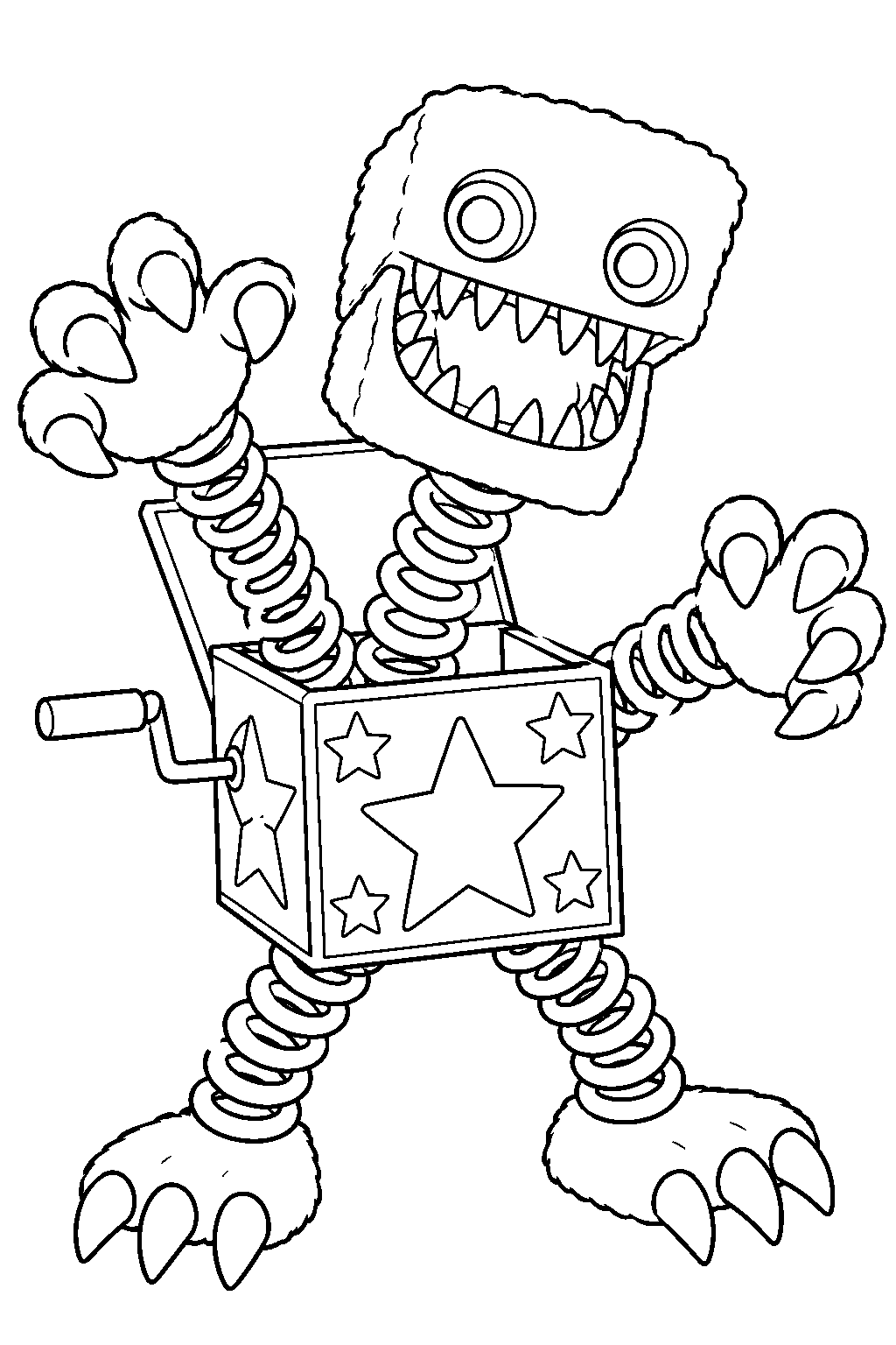 poppy playtime boxy boo springing out of his star patterned toy box line art