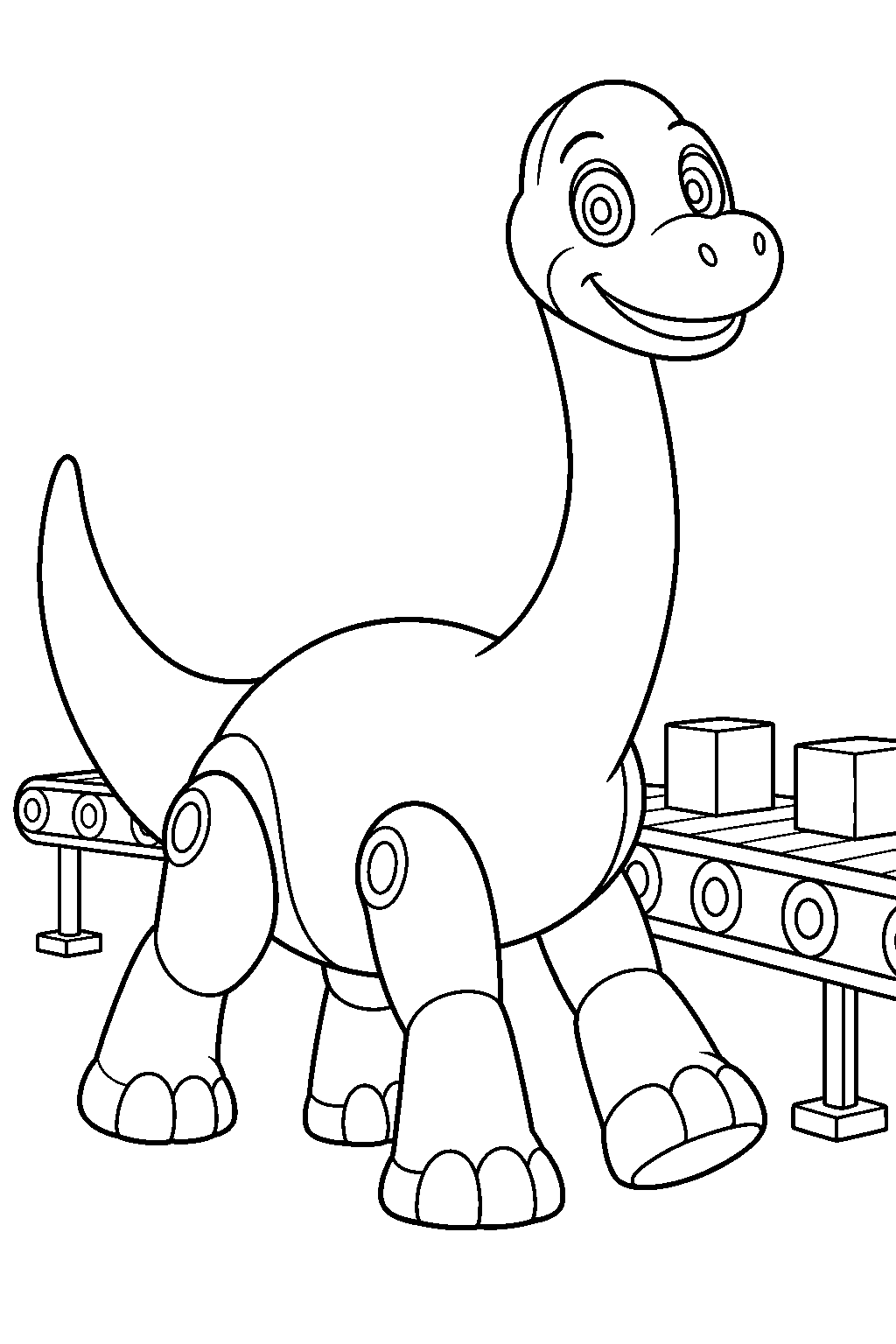 poppy playtime bron the dinosaur walking beside a toy factory conveyor belt line art