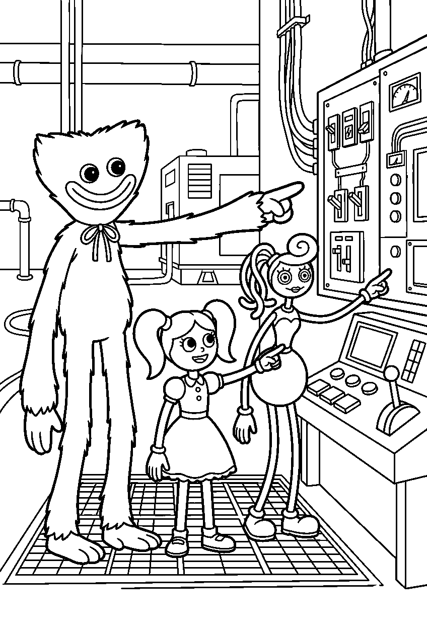 poppy playtime characters pointing in electrical room line art