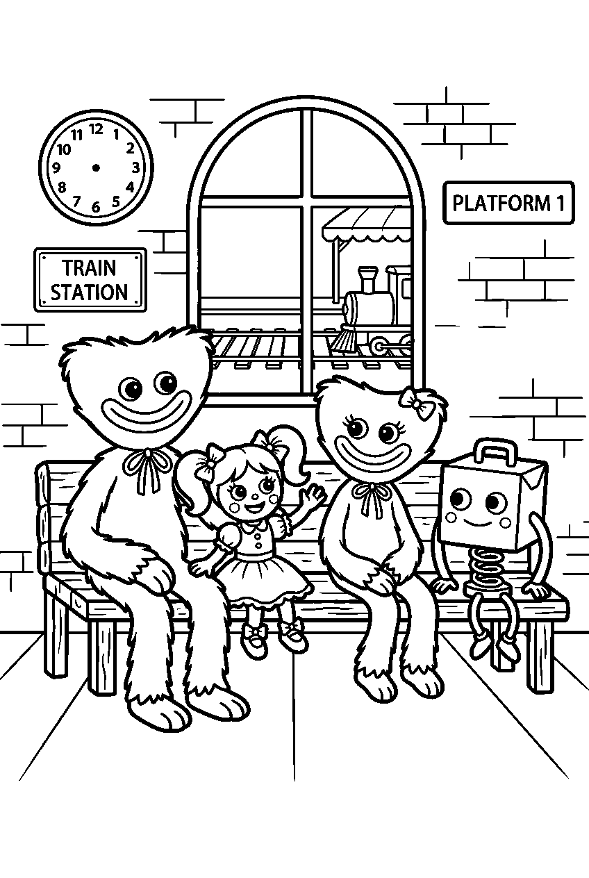 poppy playtime characters sitting in train station line art