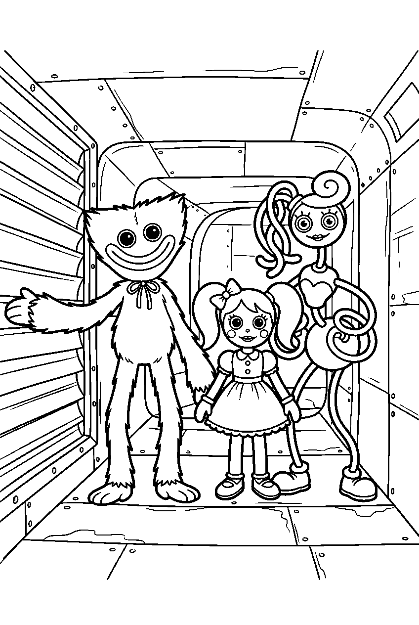 poppy playtime characters standing in vent system line art