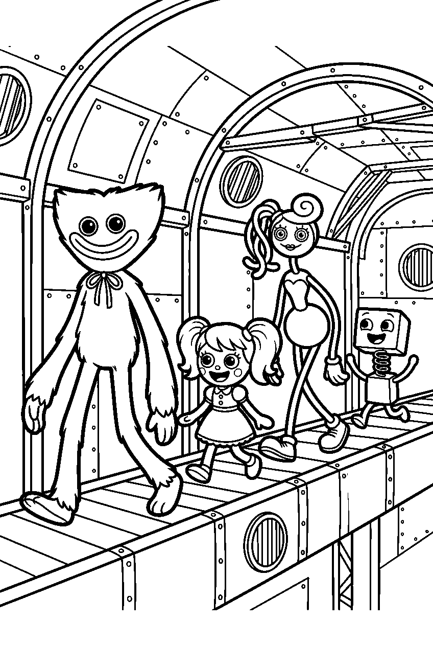 poppy playtime characters walking in ventilation tunnel line art