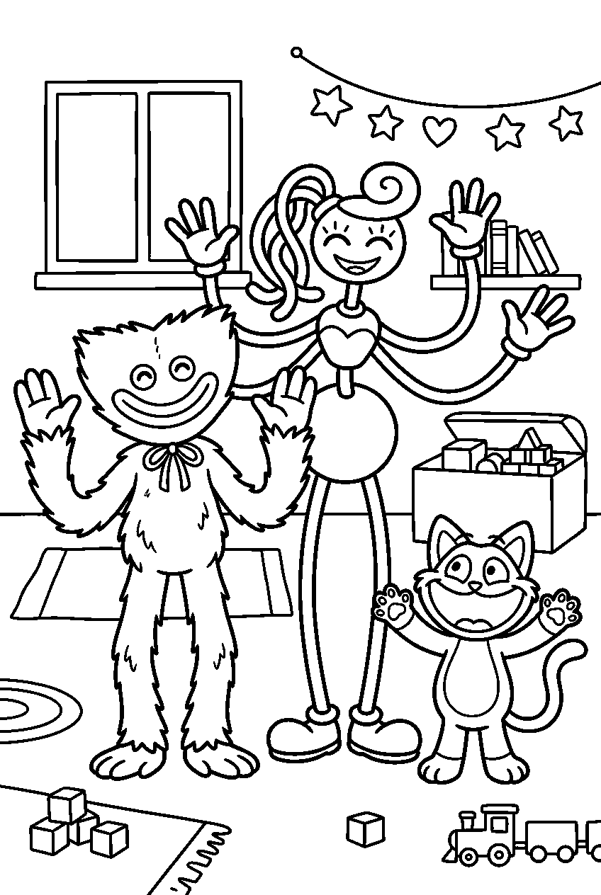 poppy playtime characters waving in playcare line art
