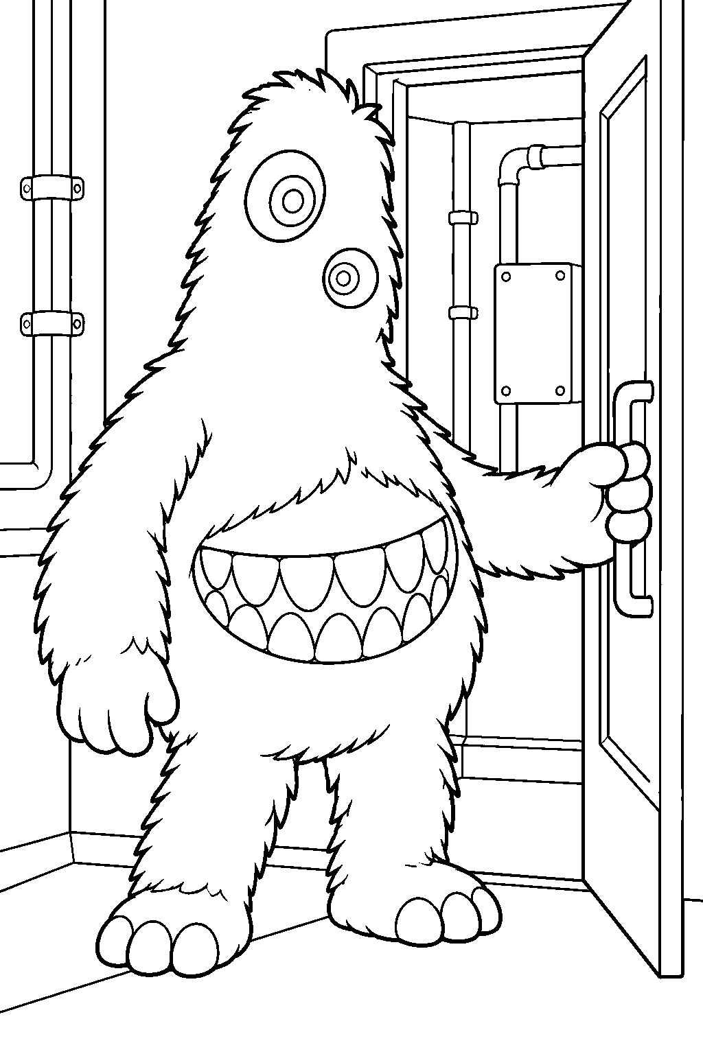 poppy playtime chum chompkins opening a door in the engineering wing line art