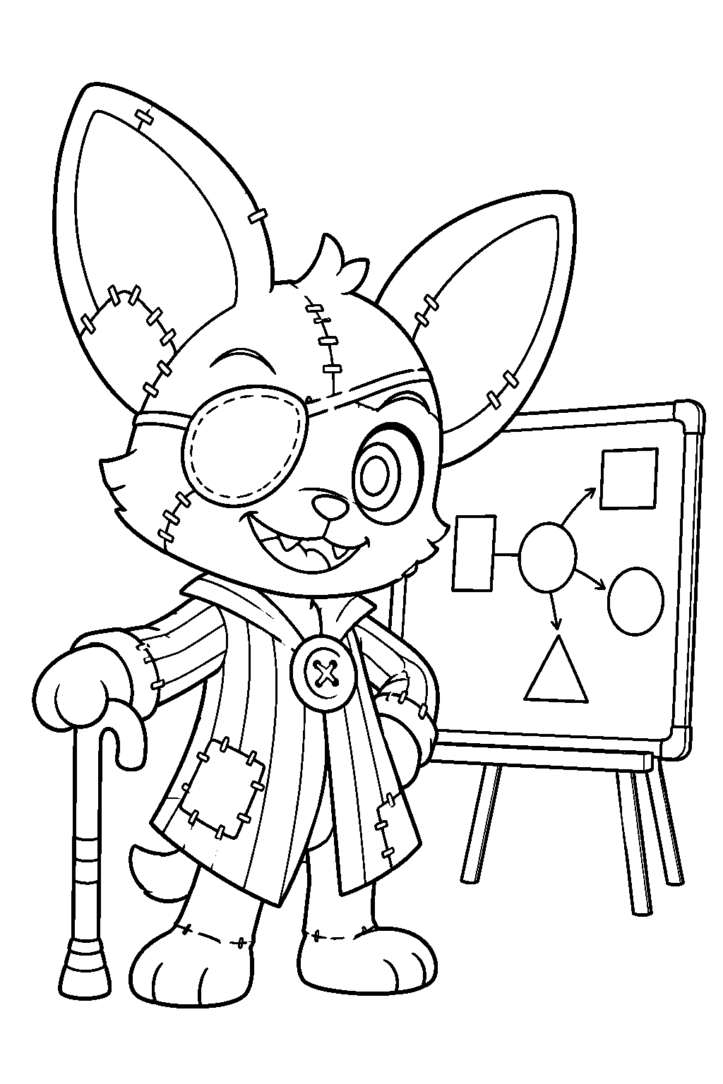poppy playtime giblet holding his cane beside his planning whiteboard line art