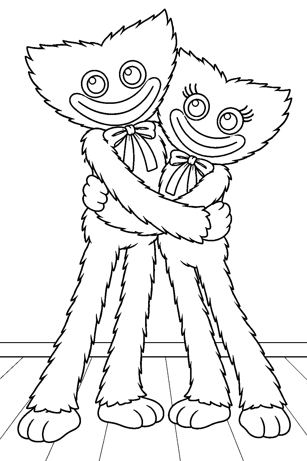 poppy playtime huggy wuggy and kissy missy sharing a hug line art