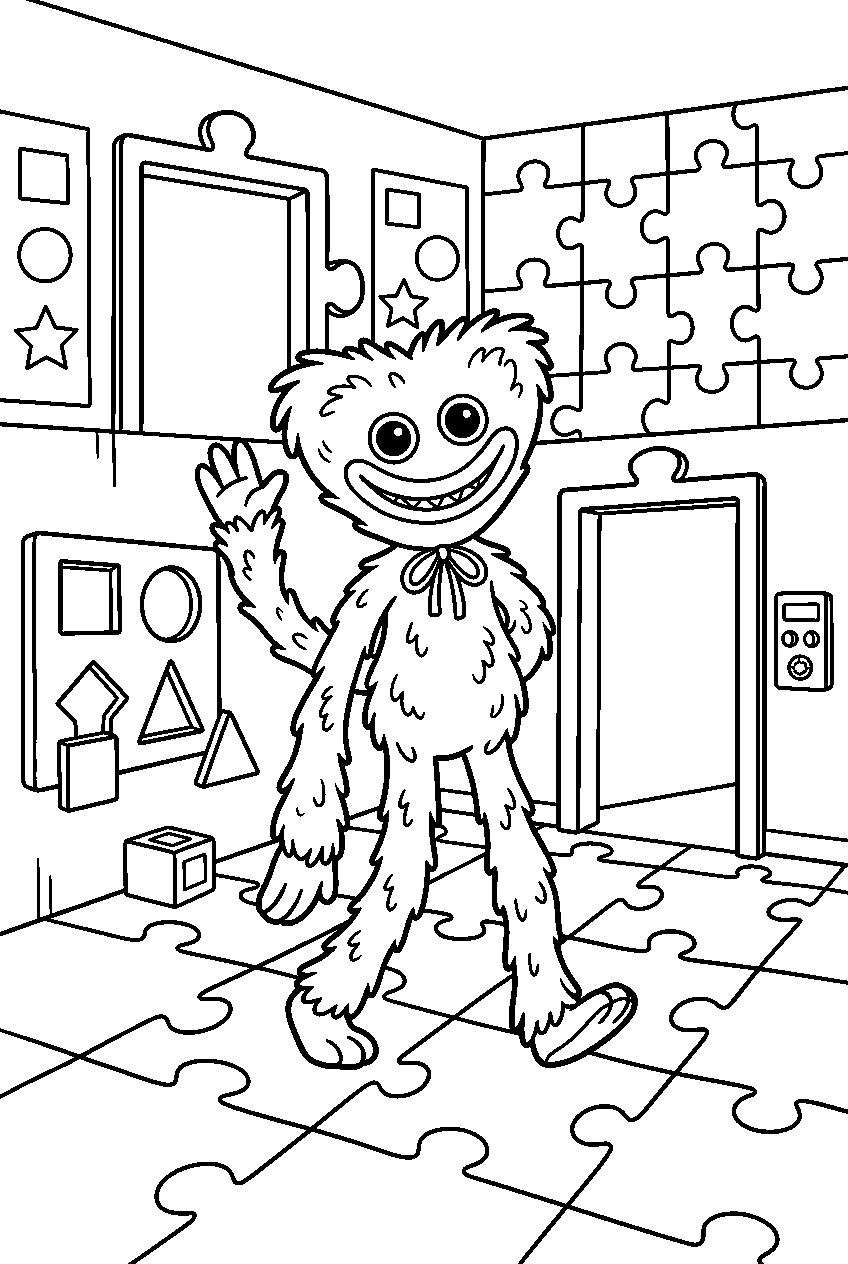 poppy playtime huggy wuggy exploring in puzzle room line art