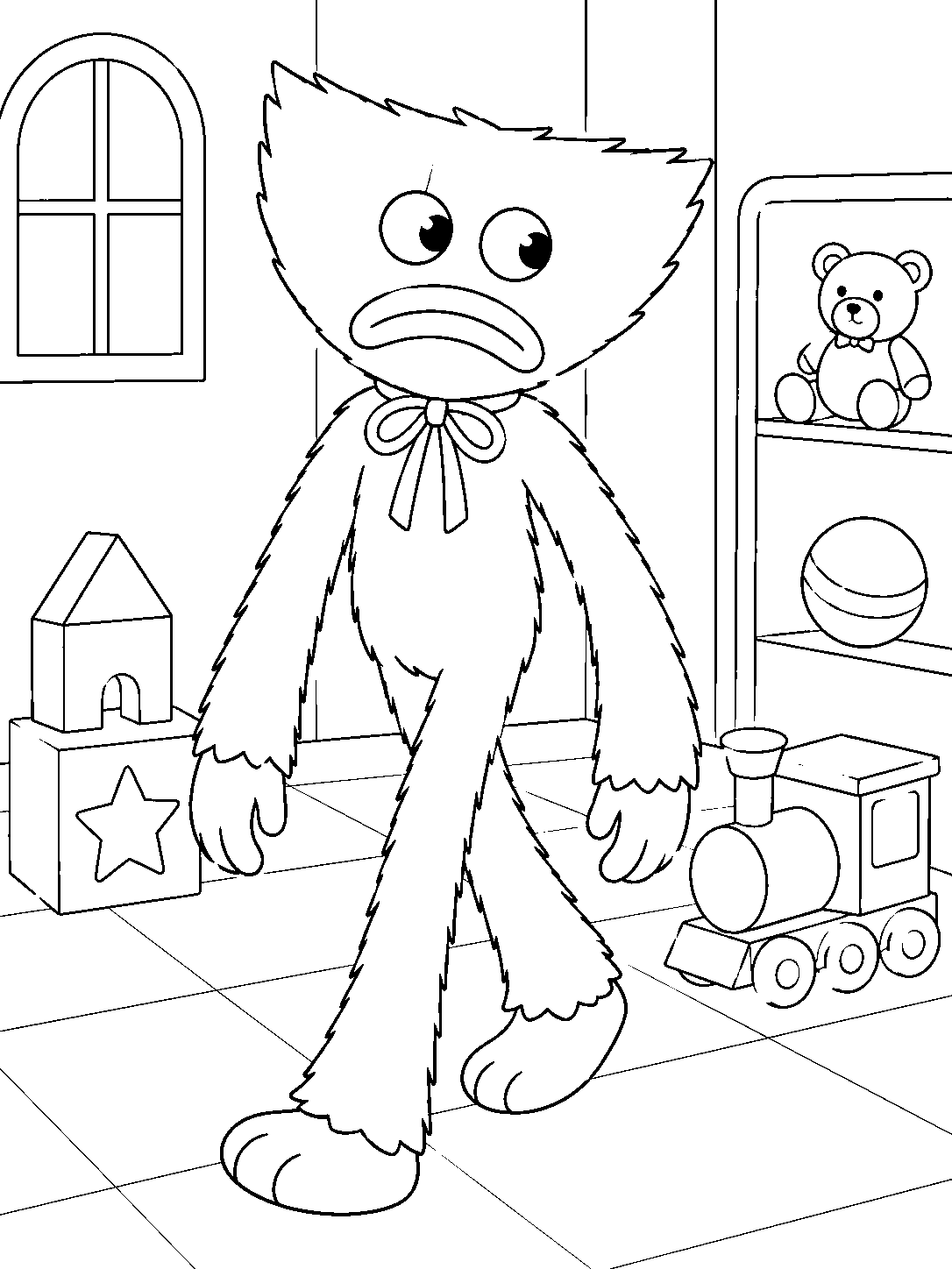 poppy playtime huggy wuggy looking around in toy room line art