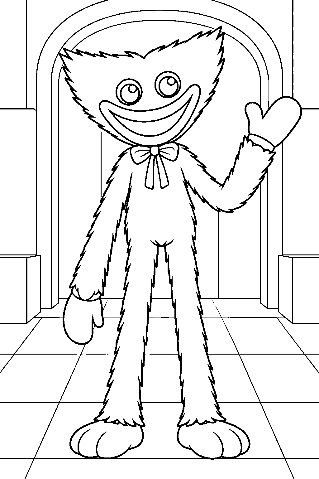 poppy playtime huggy wuggy welcoming visitors in the toy factory lobby line art