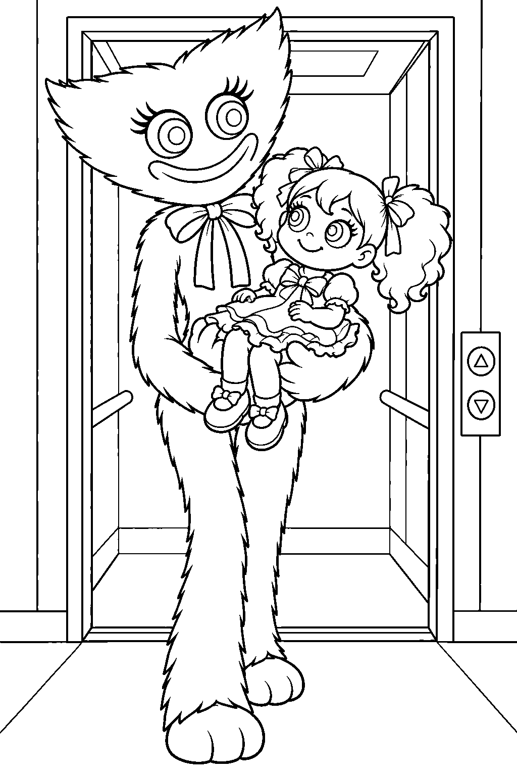 poppy playtime kissy missy carrying poppy toward the factory elevator line art