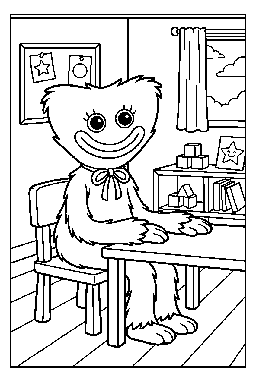 poppy playtime kissy missy resting in kindergarten classroom line art