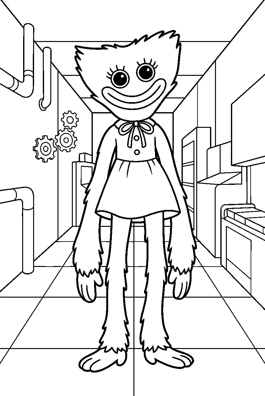 poppy playtime kissy missy standing in factory hallway line art