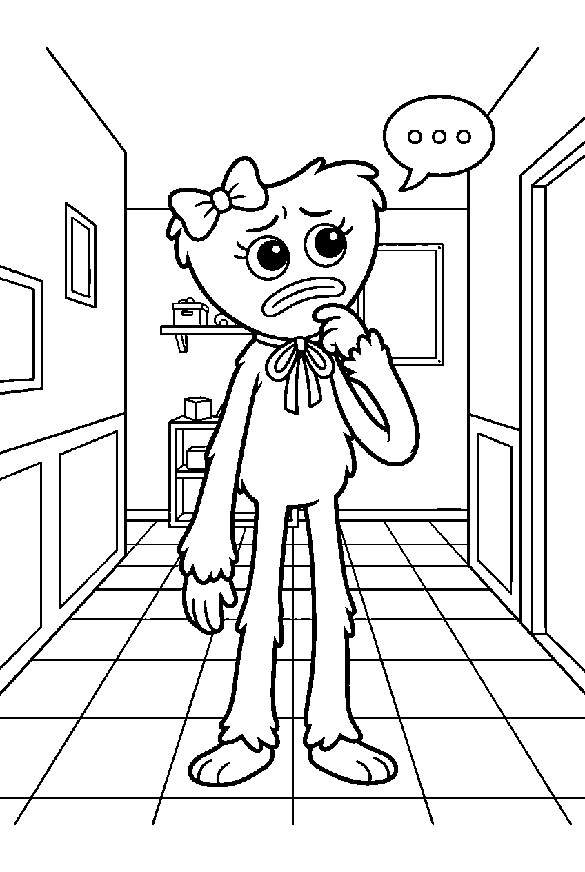 poppy playtime kissy missy thinking in colorful hallway line art