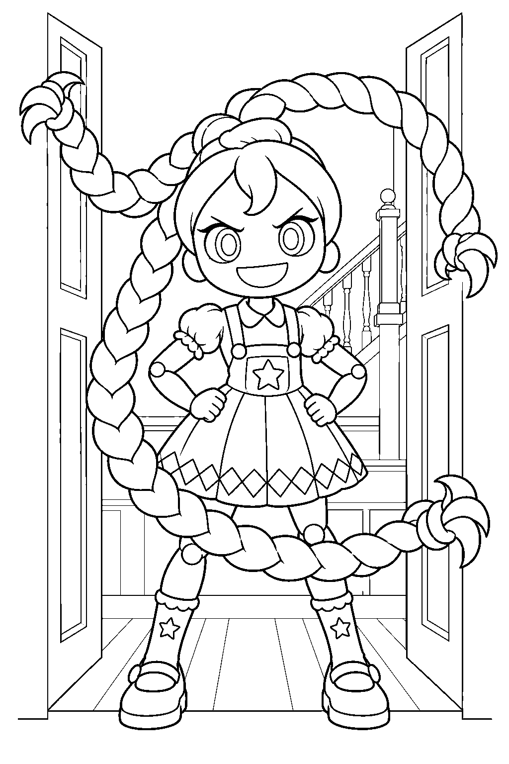 poppy playtime lily lovebraids blocking the dollhouse exit with her braids line art