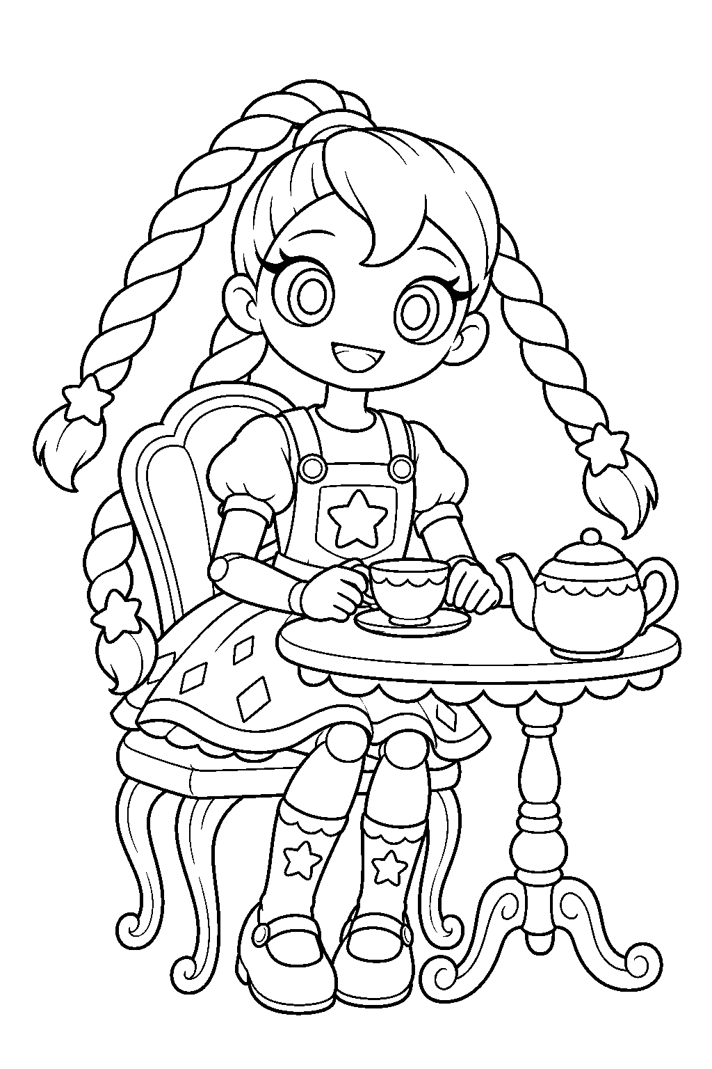 poppy playtime lily lovebraids sitting at a tea table in her manor line art