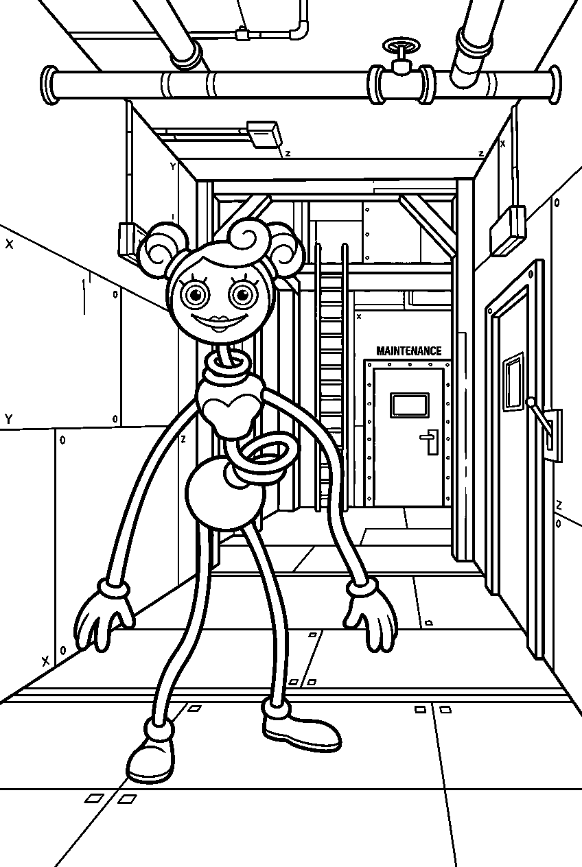 poppy playtime mommy long legs observing in factory hallway line art