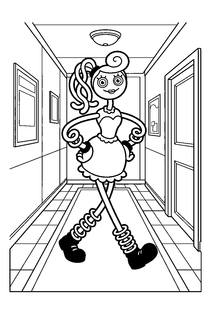 poppy playtime mommy long legs walking in colorful hallway line art