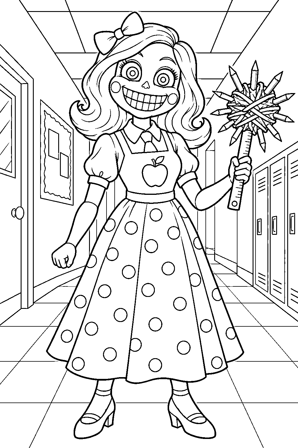 poppy playtime scary miss delight holding barb in the playcare school hallway line art