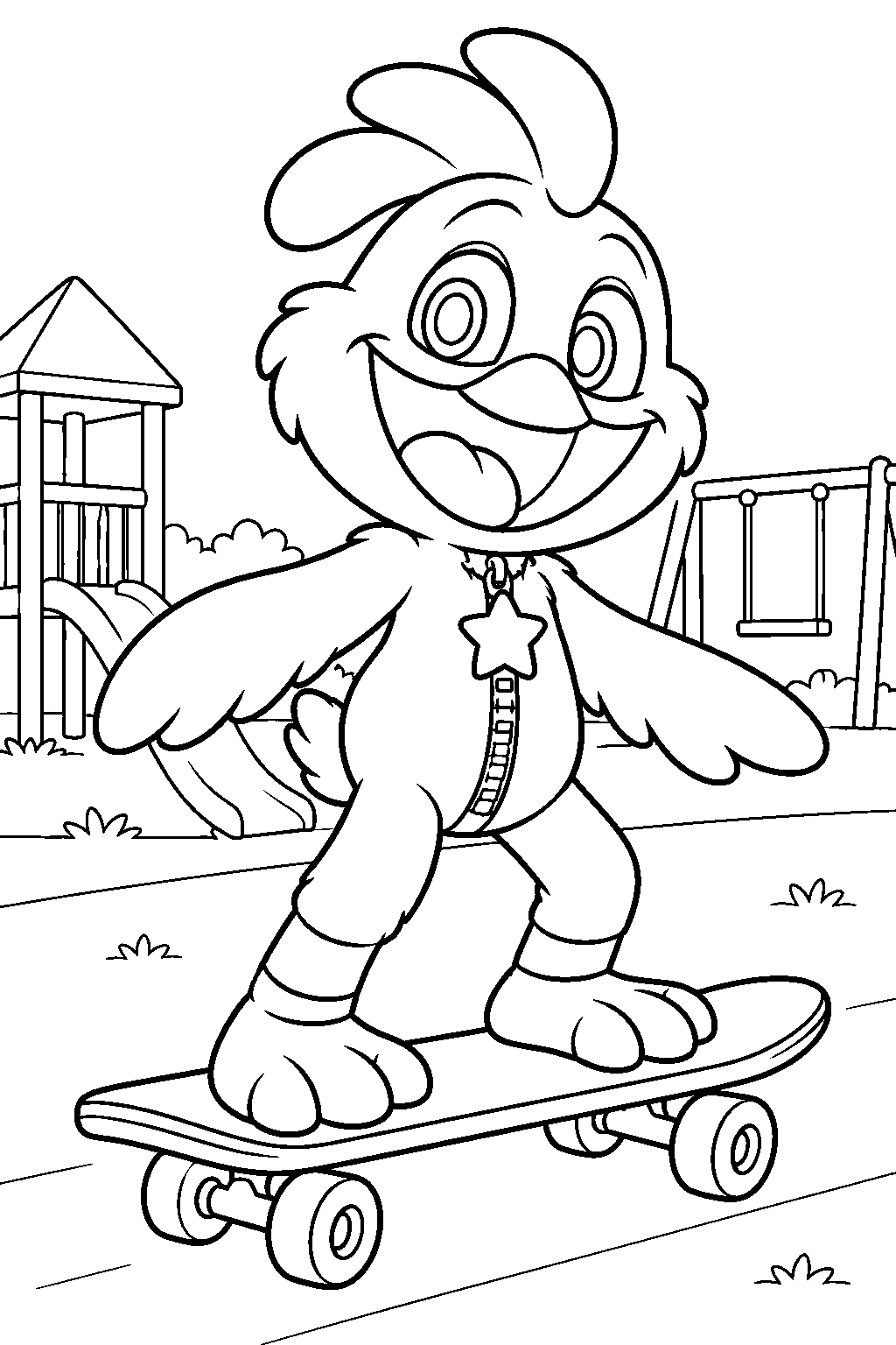 poppy playtime smiling critters kickinchicken riding a skateboard on the playground line art