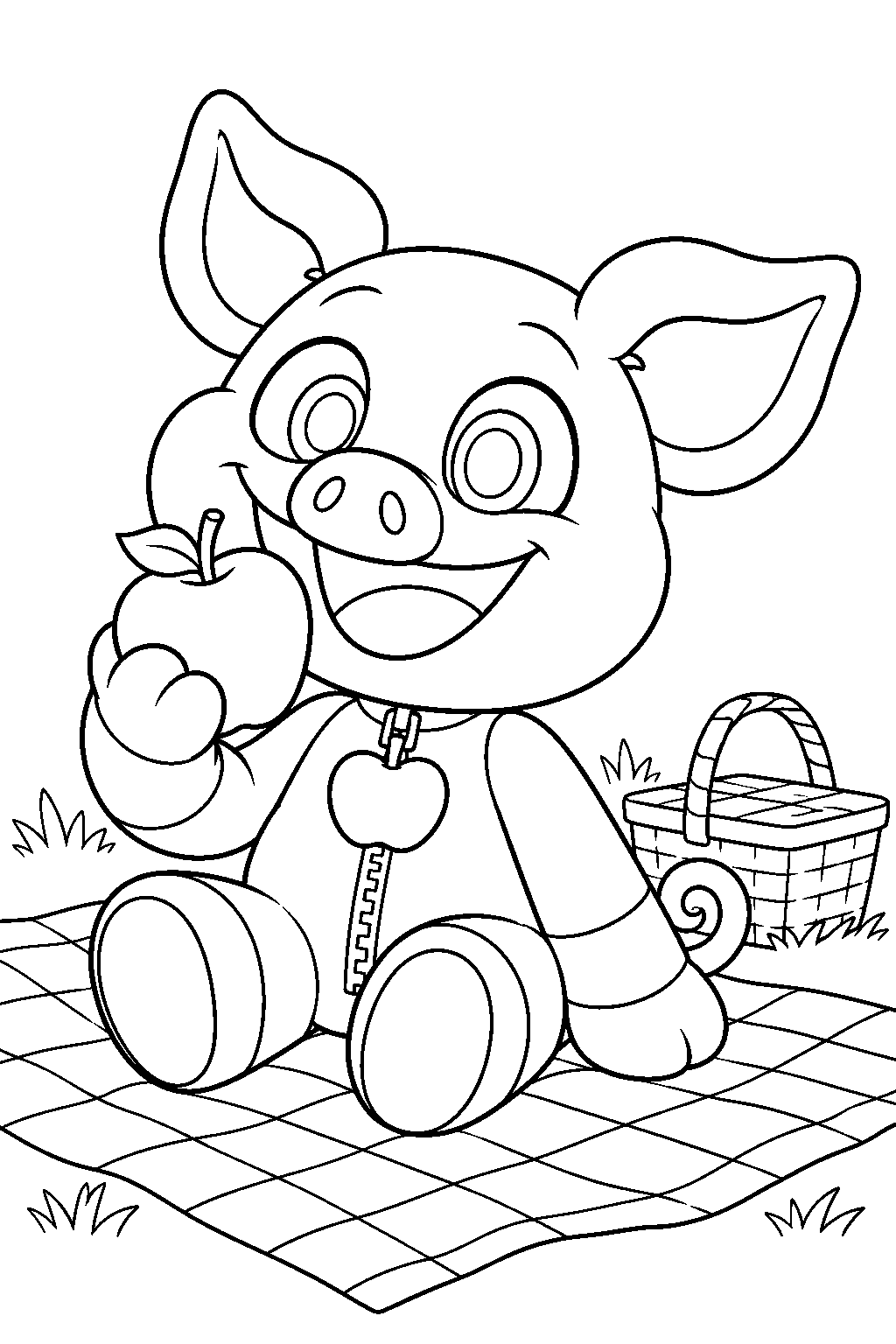 poppy playtime smiling critters pickypiggy eating an apple beside a picnic blanket line art