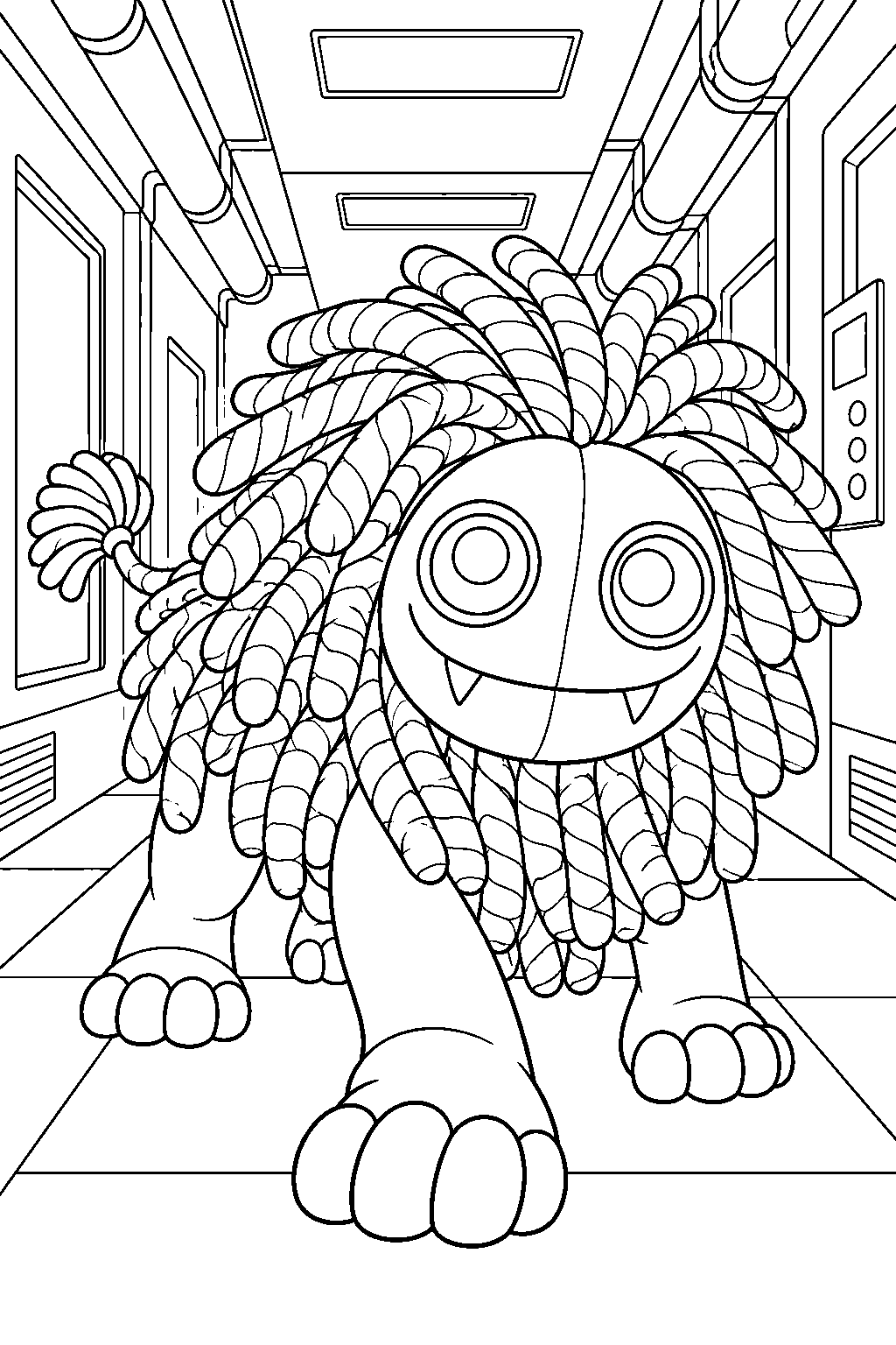 poppy playtime yarnaby prowling through a laboratory corridor line art