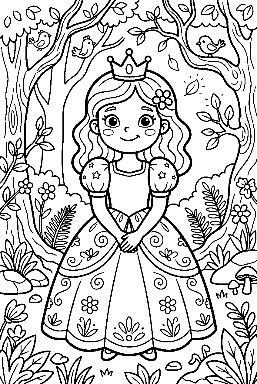 cute princess in ancient forest line art