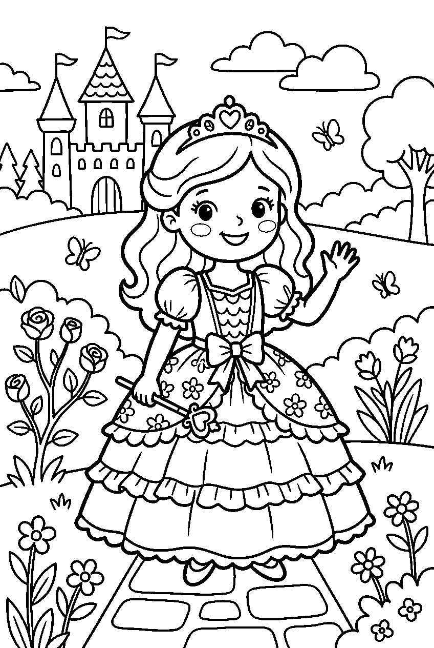 cute princess in castle garden line art