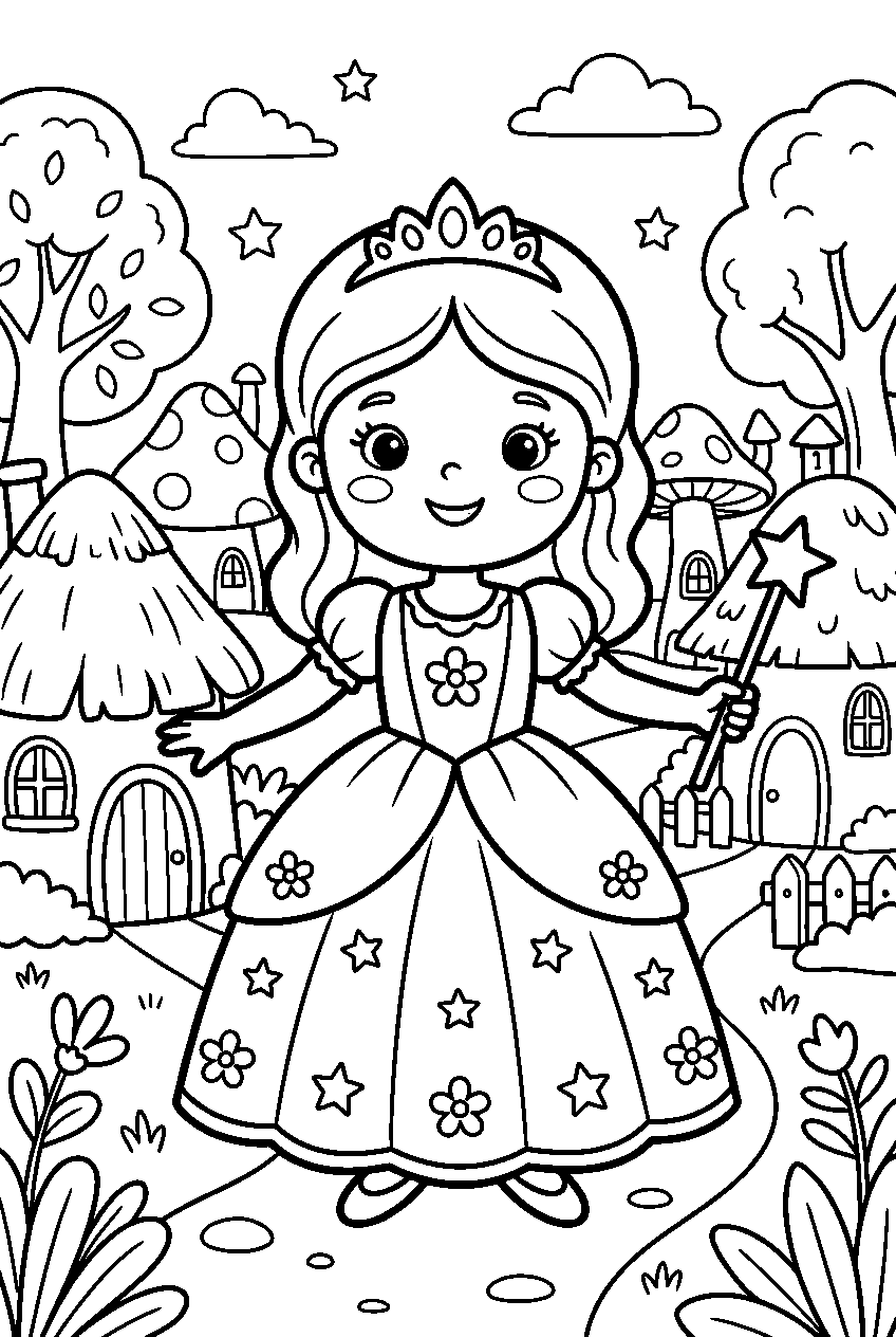 cute princess in fairy village line art