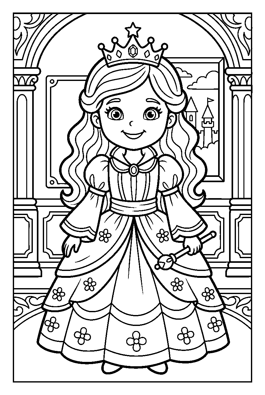 cute princess in royal palace line art