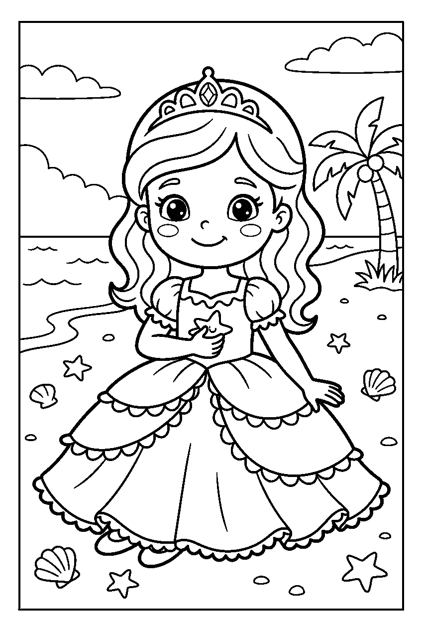 cute princess on sandy beach line art