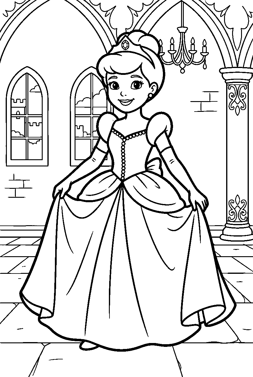 disney princess in castle ballroom line art