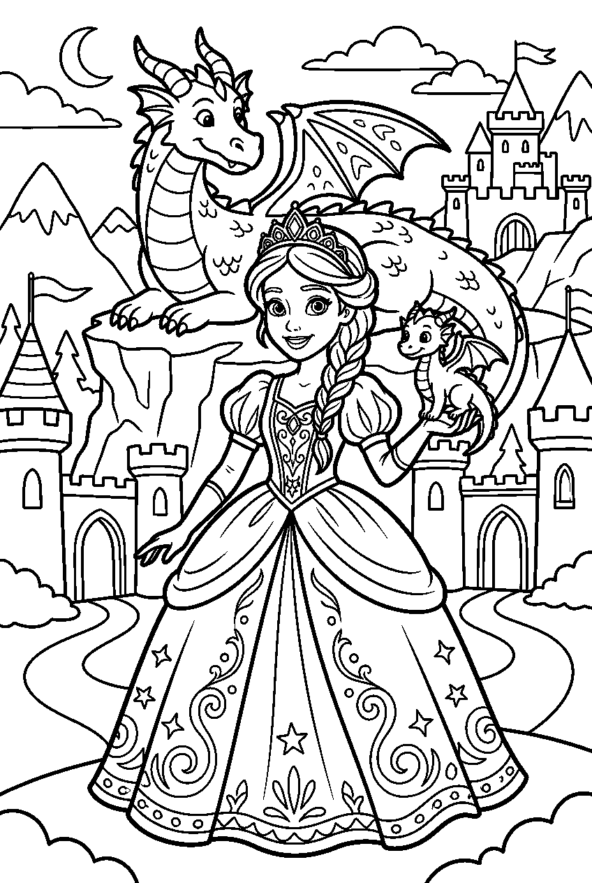 disney princess in dragon kingdom line art