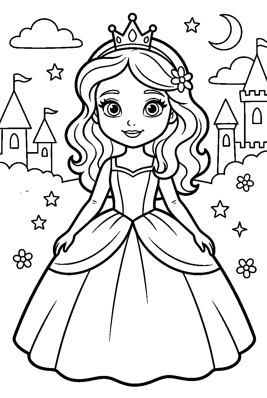 disney princess in fairy tale kingdom line art