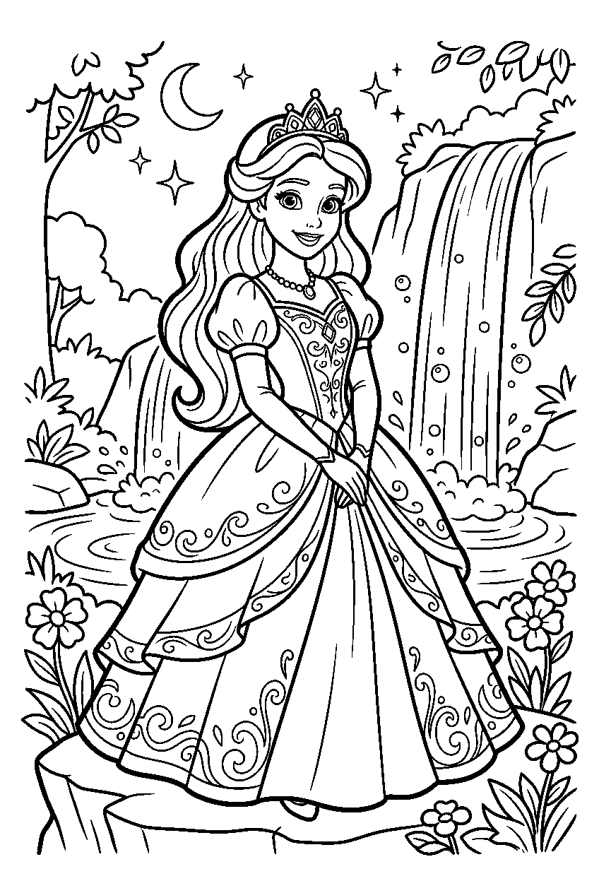 disney princess in magical waterfall line art