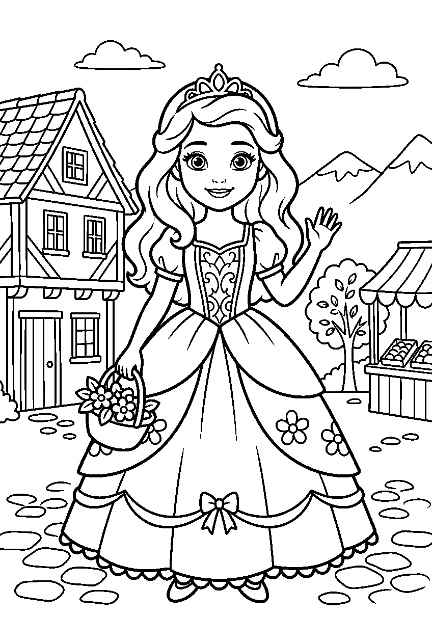 disney princess in village square line art