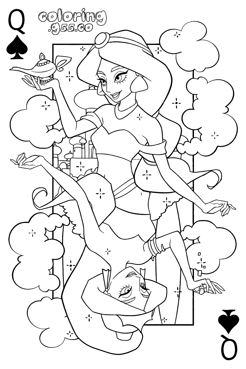 disney princess jasmine playing card line art for kids