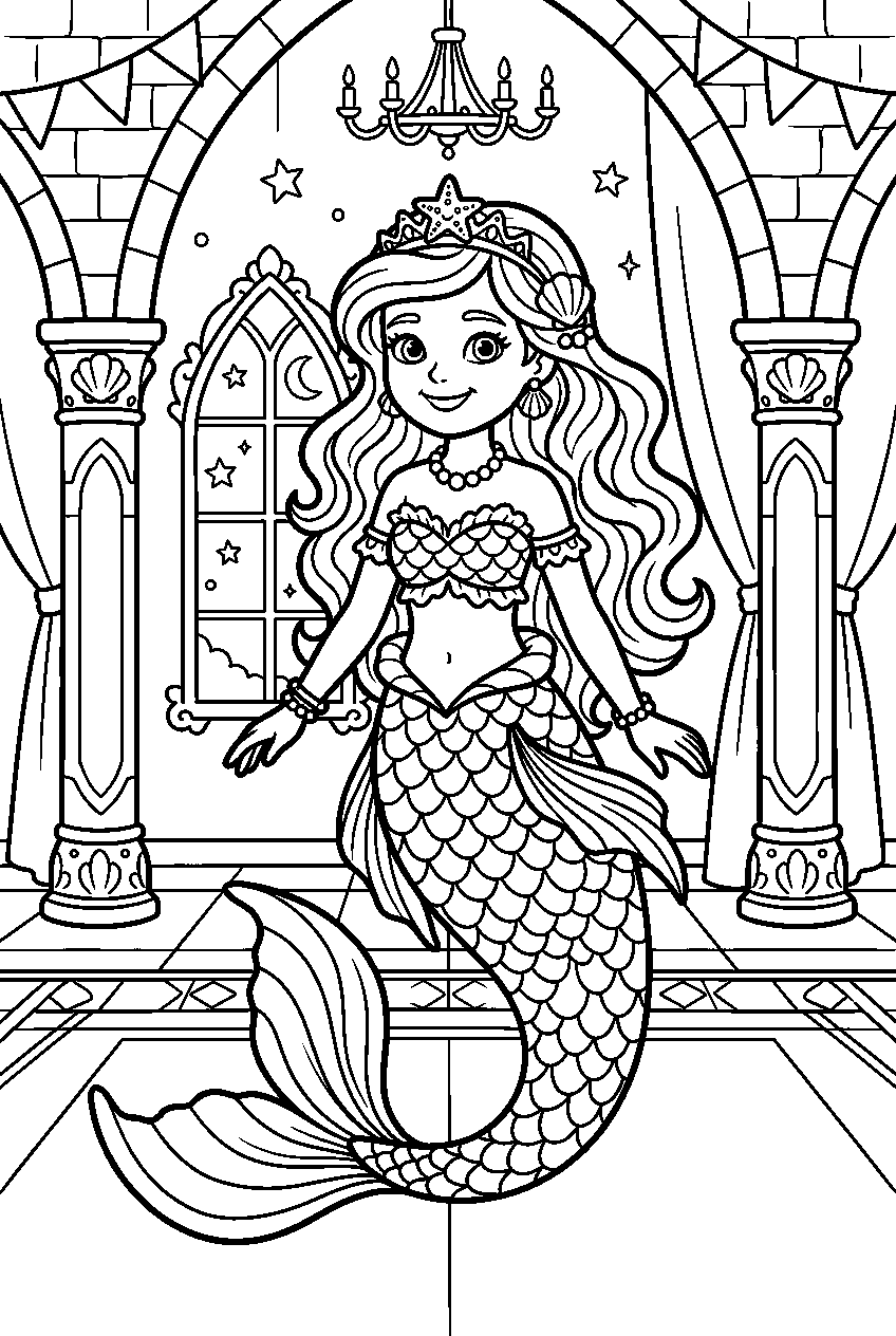 mermaid princess in castle ballroom line art
