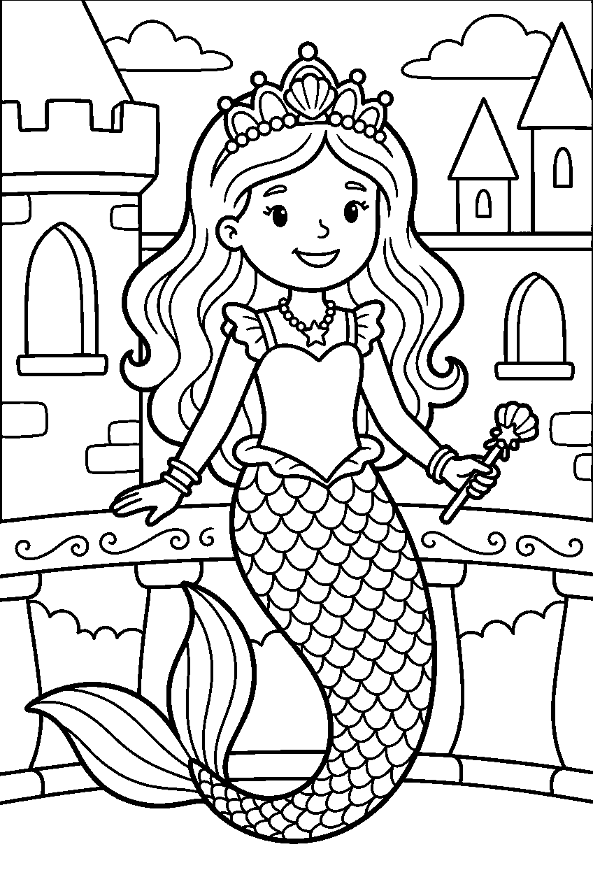 mermaid princess in royal balcony line art