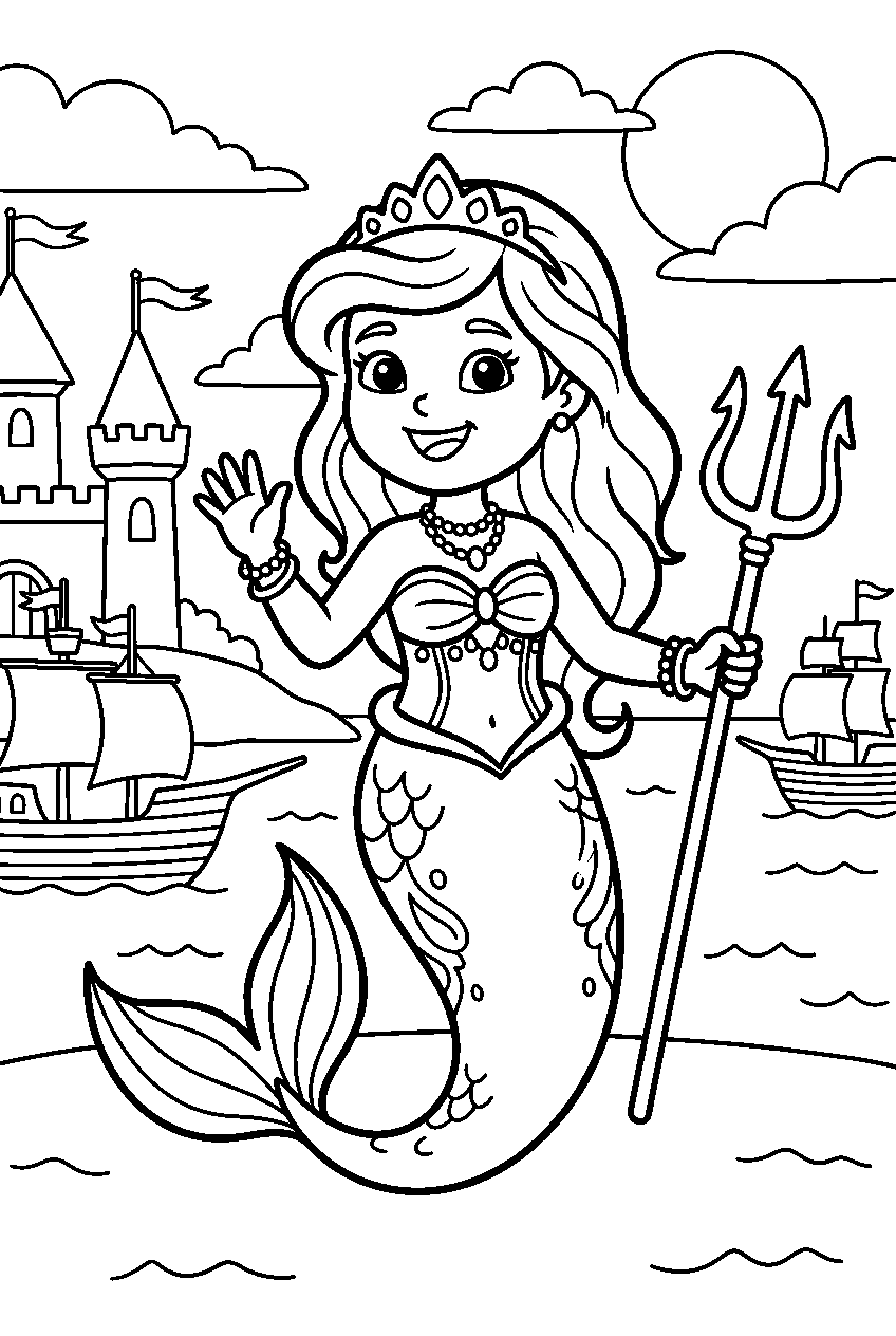 mermaid princess in royal harbor line art