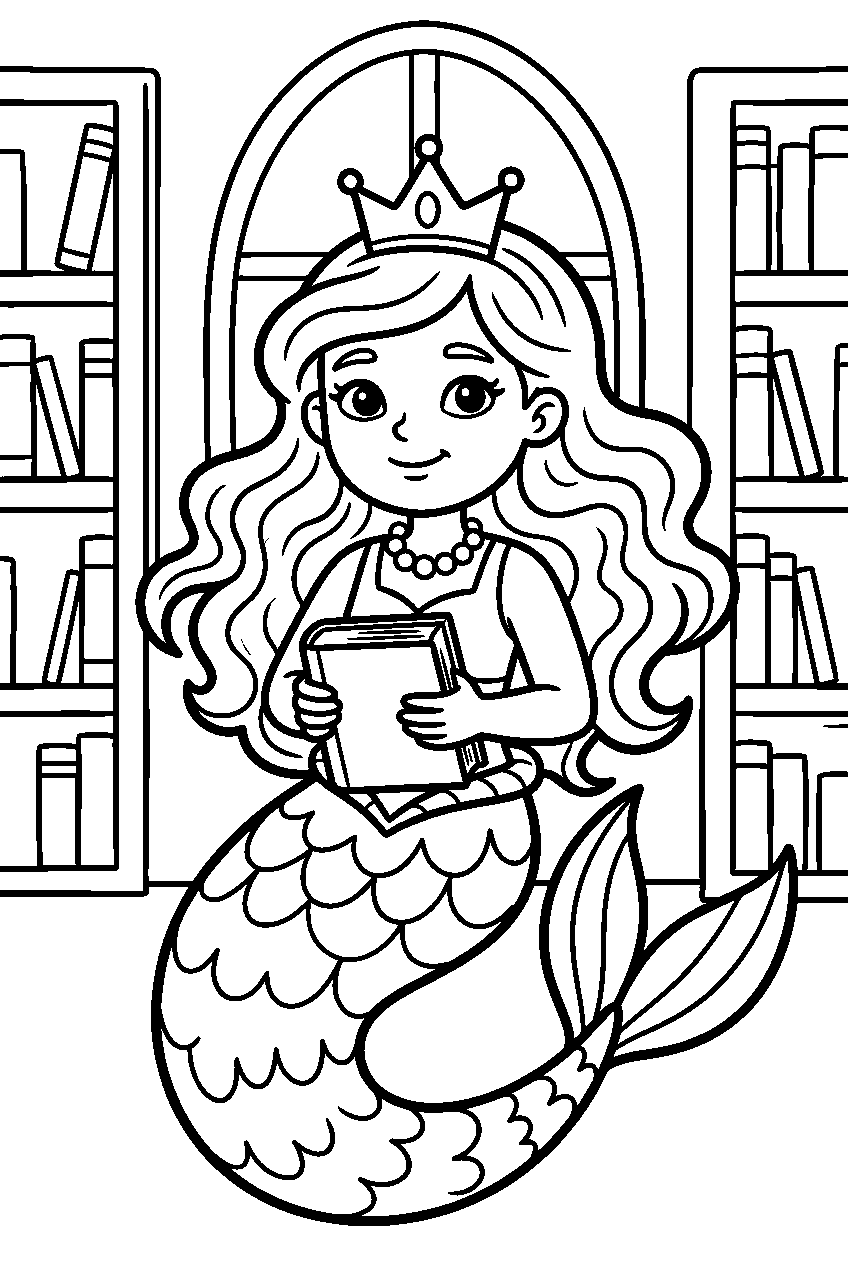 mermaid princess in royal library line art