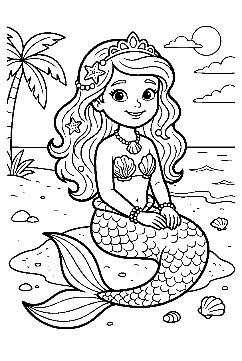 mermaid princess on sandy beach line art