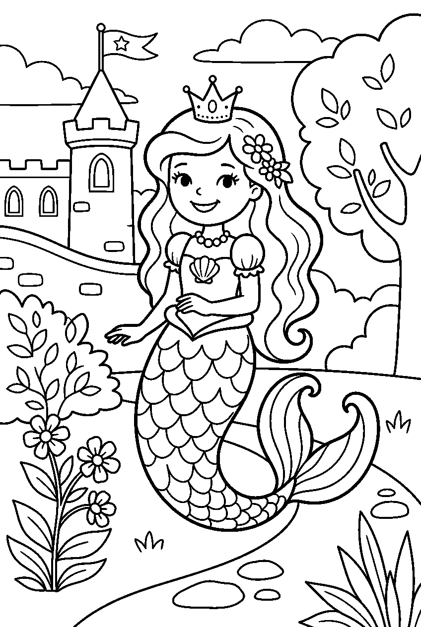 princess mermaid in castle garden line art