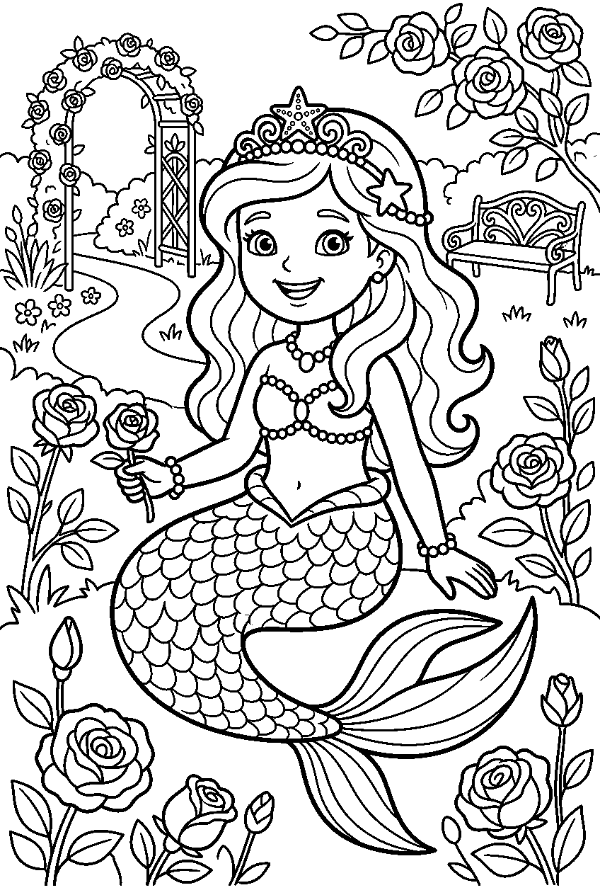princess mermaid in rose garden line art