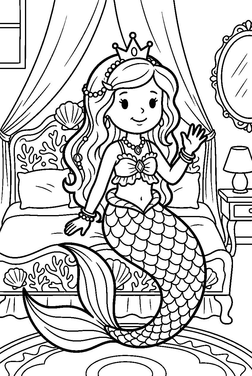 princess mermaid in royal bedroom line art